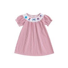 (6-12 Months, Red) Vestido de verano para niña, lazo, manga corta, bordado, rayas, corte A, holgado