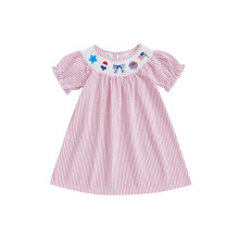 (18-24 Months, Pink) Vestido de verano para niña, lazo, manga corta, bordado, rayas, corte A, holgado