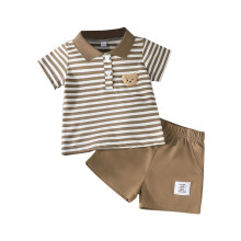 (6-9 Months, Khaki) Letní oblečení pro batolata a chlapce, pruhovaný, krátký rukáv, elastické kraťasy, sada 2 kusů
