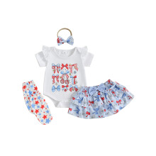 (6-12 Months, White) Conjunto infantil feminino patriótico com macacão, saia, meia-calça e faixa de cabelo.