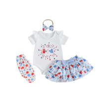 (0-3 Months, Blue) Conjunto infantil feminino patriótico com macacão, saia, meia-calça e faixa de cabelo.