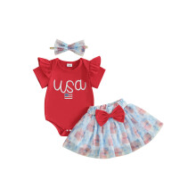 (0-3 Months, Red) Conjunto para Bebê Menina: Macacão com Mangas Curtas, Estampa de Bandeiras e Saia de Tule A.