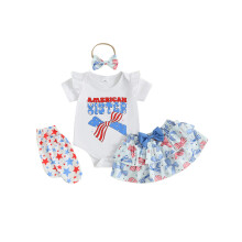 (0-3 Months, Sky Blue) Conjunto infantil feminino patriótico com macacão, saia, meia-calça e faixa de cabelo.