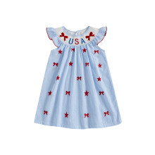 (3-4 Years, Blue) Vestido para niñas, 4 de julio, lazo bordado, cuello redondo, mangas cortas, vestido de verano casual