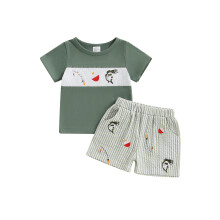(6-12 Months, Army Green) Letní oblečení pro batole - tričko s krátkým rukávem a pruhované kraťasy - sada 2 kusů