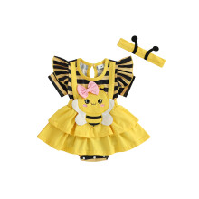 (9-12 Months, Yellow) Neugeborenen-Mädchen-Outfit, kurzärmeliger, gestreifter A-Linien-Strampler mit Bienenmuster und passendem Stirnband
