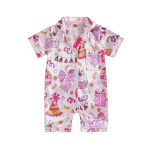 (6-12 Months, Pink) Piżama urodzinowa dziewczynki, krótki rękaw, kokarda, z tortem, zapięcie na guziki, kombinezon do spania
