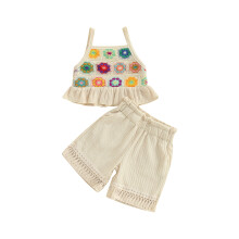 (18-24 Months, Beige) Conjunto de verão bebê menina: blusa regata sem mangas com babados e shorts com franjas, estampa floral. 2 peças.