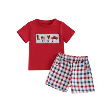 (3-6 Months, Red) Conjunto infantil para o 4 de julho com camiseta de manga curta com gola redonda bordada e shorts xadrez (2 peças)