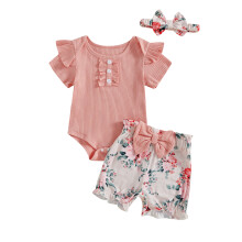 (0-3 Months, Pink) Conjunto de verão para bebê menina 3 peças: body, shorts floral e faixa de cabelo.