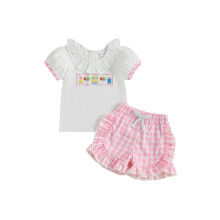 (6-12 Months, Pink) Conjunto de aniversário para bebê menina, com camiseta de manga curta e shorts xadrez (2 peças).