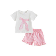 (3-4 Years, Pink) Conjunto de verão para menina, com camiseta de manga curta bordada e shorts xadrez com babados (2 peças).