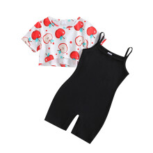 (3-4 Years, White) Conjunto de verão para meninas com estampa de morango, camiseta de manga curta e shorts. Roupa fofa de duas peças.