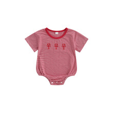 (12-18 Months, Red) Tutina estiva per neonati e bambine con ricamo di aragosta, stampa a righe, maniche corte e scollo rotondo.