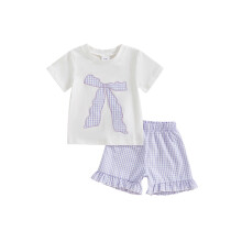 (4-5 Years, Purple) Conjunto de verão para menina, com camiseta de manga curta bordada e shorts xadrez com babados (2 peças).