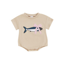 (12-18 Months, Beige) Baby-Mädchen-Strampler mit kurzen Ärmeln, Rundhalsausschnitt, Schleifen- und Fischstickerei, Sommerbody