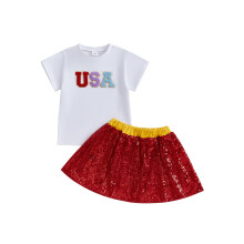 (4-5 Years, White) Conjunto infantil feminino patriótico: camiseta curta com bordado e saia elástica com lantejoulas.