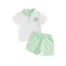 (12-18 Months, Green) Conjunto de verão infantil: blusa de manga curta com botão e shorts xadrez bordado.