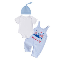 (0-3 Months, Sky Blue) Conjunto 4 de julho para bebê menino: macacão curto + jardineira xadrez + chapéu (3 peças)