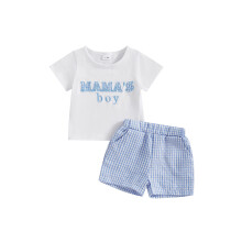 (3-6 Months, Blue) Conjunto de ropa de verano para bebé: camiseta corta con bordado y pantalón corto a cuadros (2 piezas).