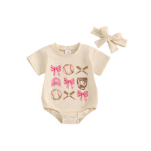 (0-3 Months, Apricot) Baby-Mädchen-Strampler mit Baseball-Schleifenmuster, Kurzarm, Babybodys und Stirnband