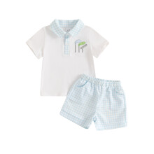 (18-24 Months, Blue) Conjunto de verão infantil: blusa de manga curta com botão e shorts xadrez bordado.
