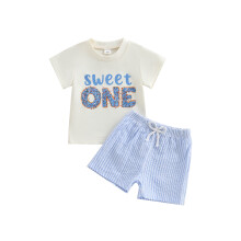 (12-18 Months, Sky Blue) Conjunto de primer cumpleaños para bebé niño, camiseta corta de donuts y letras, pantalones cortos a rayas, verano.