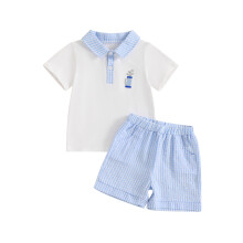 (2-3 Years, Sky Blue) Conjunto de verão infantil: blusa de manga curta com botão e shorts xadrez bordado.