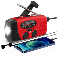 Emergency Weather Radio with NOAA Alerts, Hand Crank, Solar, 2000mAh Charger, LED SOS Light, Red