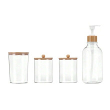 4-Teiliges Badezimmer-Accessoire-Set Aus Bambus - Rustikales Boho-Dekor, Seifenspender, Zahnbürstenhalter, 2 Wattestäbchenhalter-Behälter