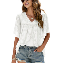Lässiges Sommer-Top mit Rundhalsausschnitt, Jacquardmuster und einfarbiger Optik, modische, elegante Bluse mit 3/4-Glockenärmeln für Strandpartys