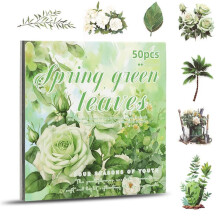 Blumenaufkleber, Scrapbooking-Zubehör für Junk Journals für Erwachsene, 50 Blatt, Transparente Aufkleber und Materialpapier, Grün