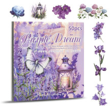 Blumenaufkleber, Scrapbooking-Zubehör für Junk Journals für Erwachsene, 50 Blatt, Transparente Aufkleber und Materialpapier, Lila