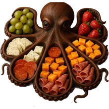Octopus Charcuterie Board 35x35cm Wooden Cheese Platter Ocean Themed Serving Tray Style A
