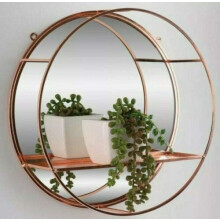 Rose Gold Round Mirror Shelf Metal Wire Wall Shelf