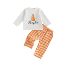 (12-18 Months, Beige) Conjunto de 2 piezas para niños: pantalones y top de manga larga con borde de calabaza y cuadros.