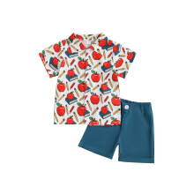 (18-24 Months, Blue) Conjunto de 2 piezas para niño, camisa corta con solapa y botones, estampado de manzana y pantalones cortos lisos.