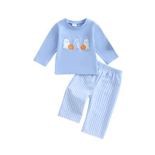 (3-6 Months, Blue) Roupa de Halloween para menino: blusa longa com bordado de fantasma e calça xadrez (2 peças)