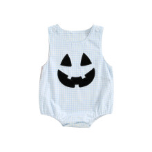 (3-6 Months, Blue) Tutina a quadri per neonato, senza maniche con zucche e decorazioni di Halloween. Abbigliamento autunnale.