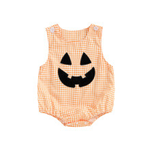 (3-6 Months, Orange) Tutina a quadri per neonato, senza maniche con zucche e decorazioni di Halloween. Abbigliamento autunnale.
