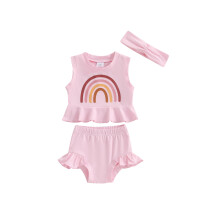 (6-9 Months, Pink) Completo estivo per bambine: canotta arcobaleno, pantaloni tinta unita e fascia capelli, set 3 pezzi.