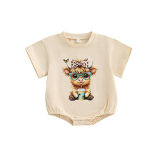 (12-18 Months, Khaki) Dívčí overal, krátký rukáv, kulatý výstřih, potisek skotské skotské krávy, letní oblečení