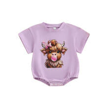 (6-12 Months, Purple) Dívčí overal, krátký rukáv, kulatý výstřih, potisek skotské skotské krávy, letní oblečení