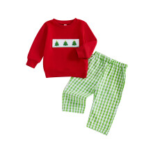 (18-24 Months, Red) Conjunto de Natal para Meninos: Moletom com Estampa de Árvore de Natal e Calça Xadrez (2 peças)