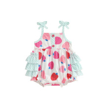 (12-18 Months, White) Tutina estiva per bambina con volant a strati e stampa fragole, senza maniche, per neonata. Abiti carini.