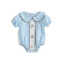 (0-3 Months, Blue) Tutine per neonate, abbigliamento di Halloween, ricamo di zucche, quadri, colletto a bambola, maniche corte, body.