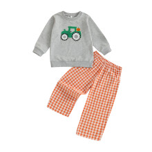 (3-4 Years, Gray) Kinder Halloween outfit 2-delig: T-shirt met lange mouwen en tractorborduurwerk + geruite broek. Peuterkleding
