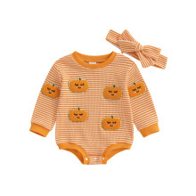 (0-3 Months, Orange) Halloweenský overal pro holčičku s pruhy a vzorem dýně, čelenka, sada 2 kusy na podzim