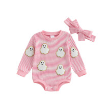 (12-18 Months, Pink) Completo di Halloween per bambina con tutina a righe e fascia, set 2 pezzi con fantasma e zucca.