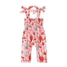 (18-24 Months, Pink) Macacão infantil feminino com detalhes franzidos, estampa de morango e alças com amarração. Roupa de verão fofa.